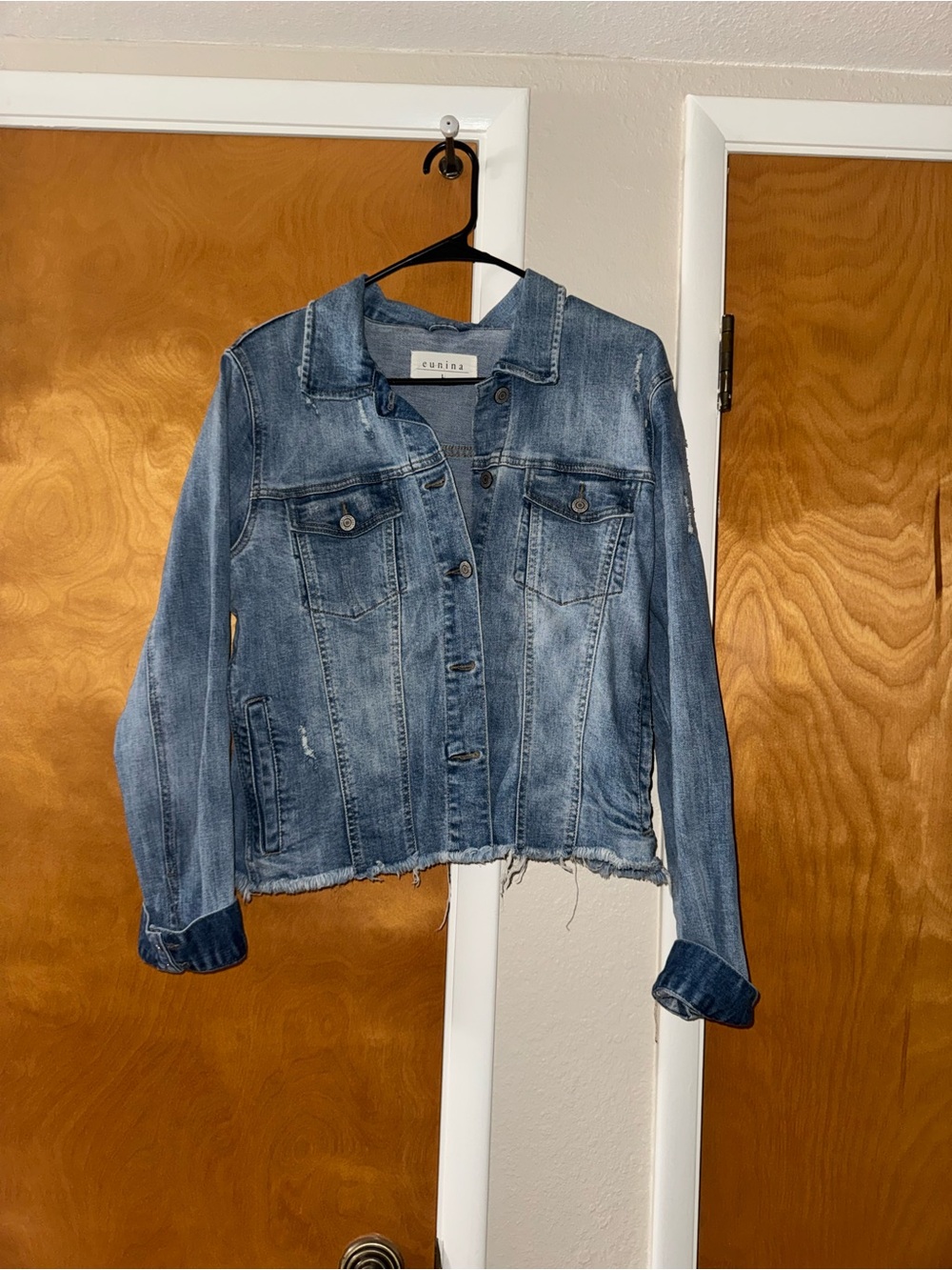 Eunina Washed Blue Denim Jacket with Frayed Hem